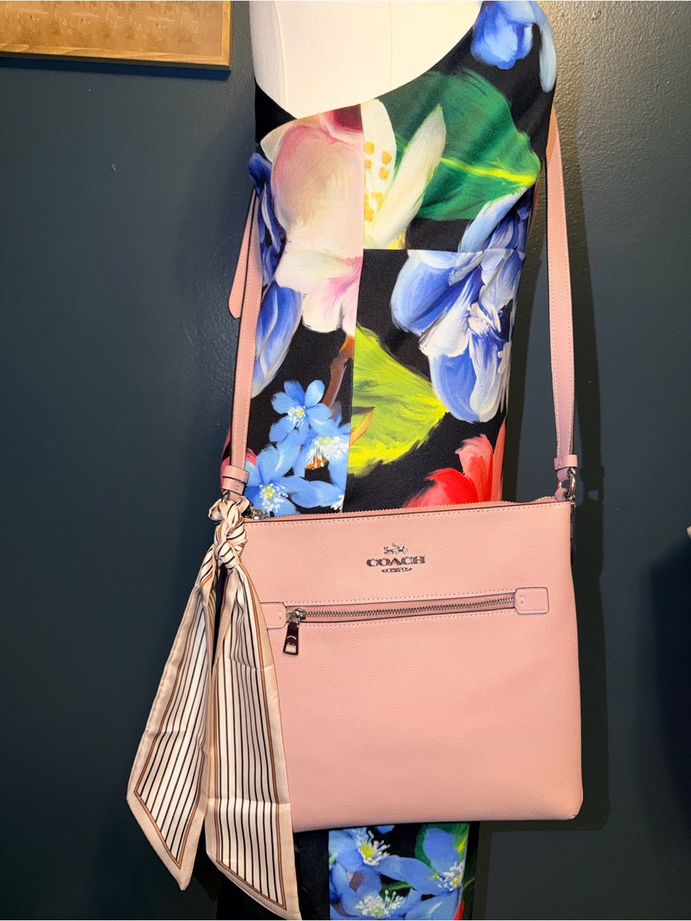 Coach Rowan Pink Leather Crossbody with Striped Scarf
